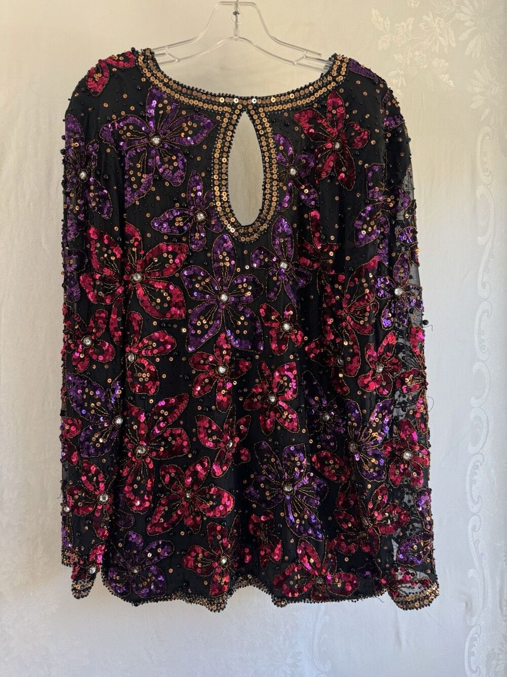 Black Tie Vintage Silk Sequin Pink Purple Floral Beaded  Evening Night Out Large